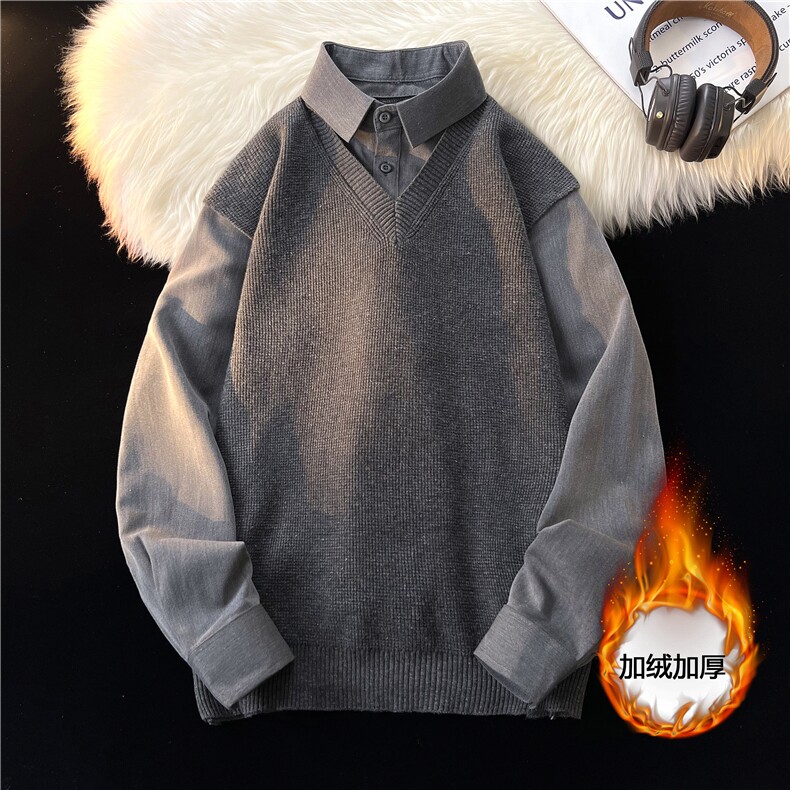 2025抖音秋冬款男士假两件加绒衬衫领新款刺绣针织打底衫CS16-P85，男装T恤，电商B278