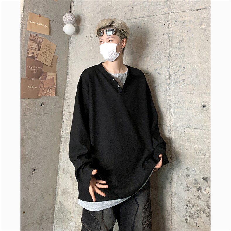 港风日系复古秋季新款套头宽松V领长袖T恤男XZ213-V002-P55控68,男装T恤,星座213