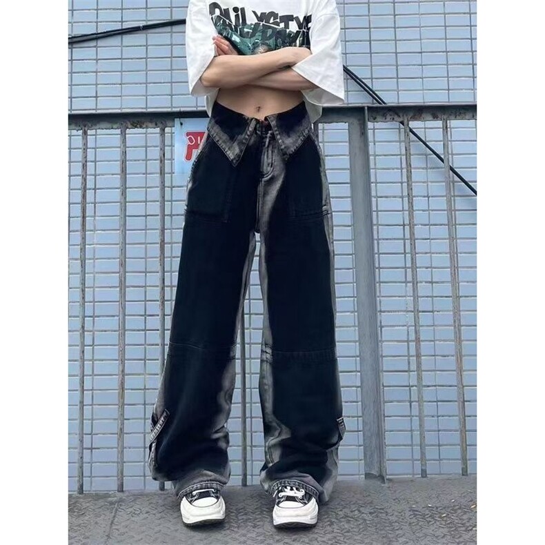 美式vibe高街翻边直筒牛仔裤夏设计感扎染渐变高腰宽松显瘦阔腿裤,男装牛仔裤,星座1210-1