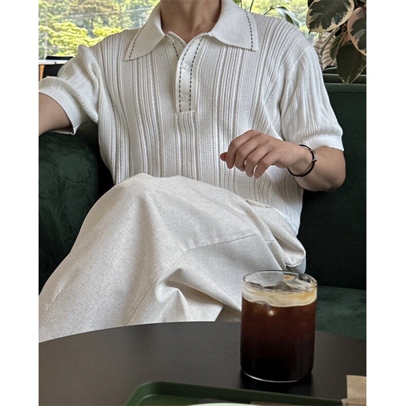 轻熟撞色线条立体设计纹理小众针织Polo冰丝短袖体恤PL97/P58,男装Polo衫,电商A243