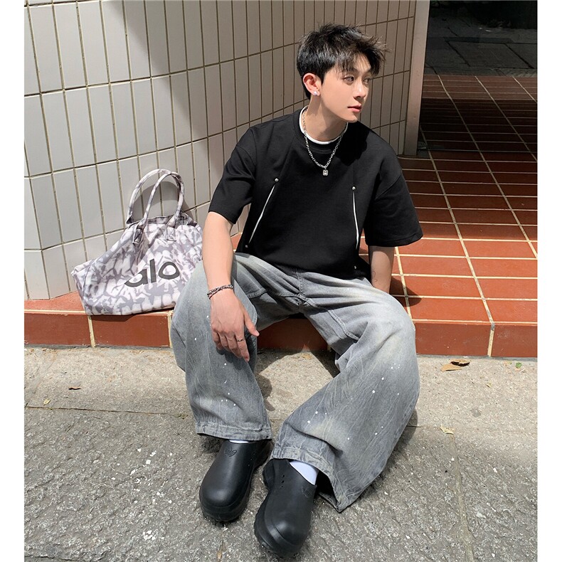 曼巴棉拼接撞色破缝解构铆钉设计感夏季短袖T恤男D424 特P30图片