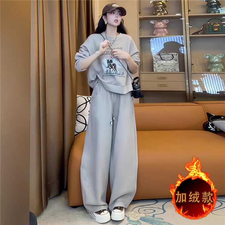 休闲时尚套装女秋冬新款洋气减龄圆领印花长袖卫衣阔腿长裤两件套,女装套装/套裙,2C310