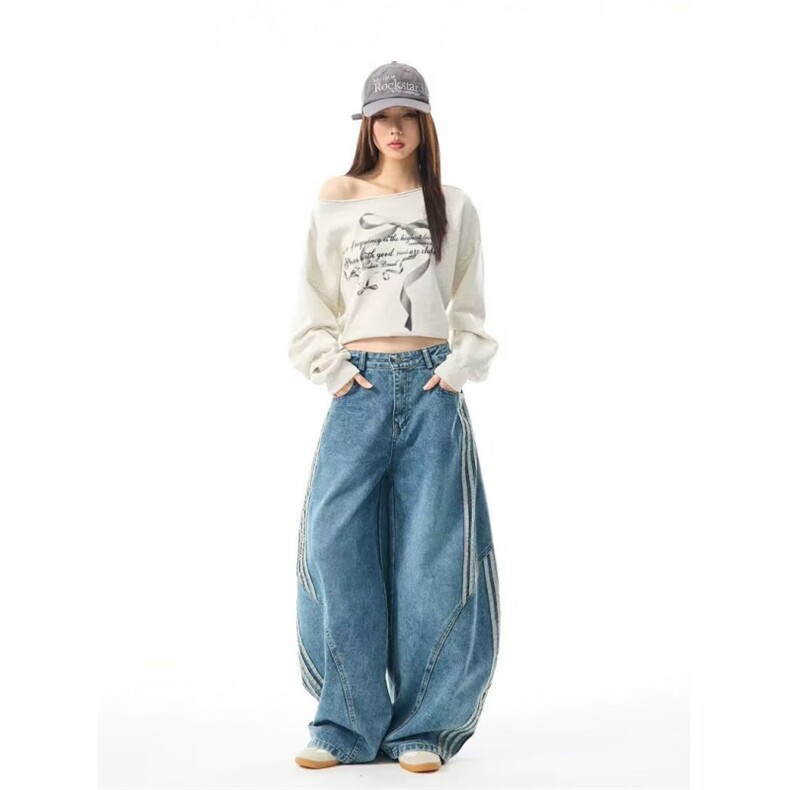 网络图，美式男女三条杠条纹拼接阔腿牛仔裤XZ302B-1-N7033P60,男装牛仔裤,星座302B-1