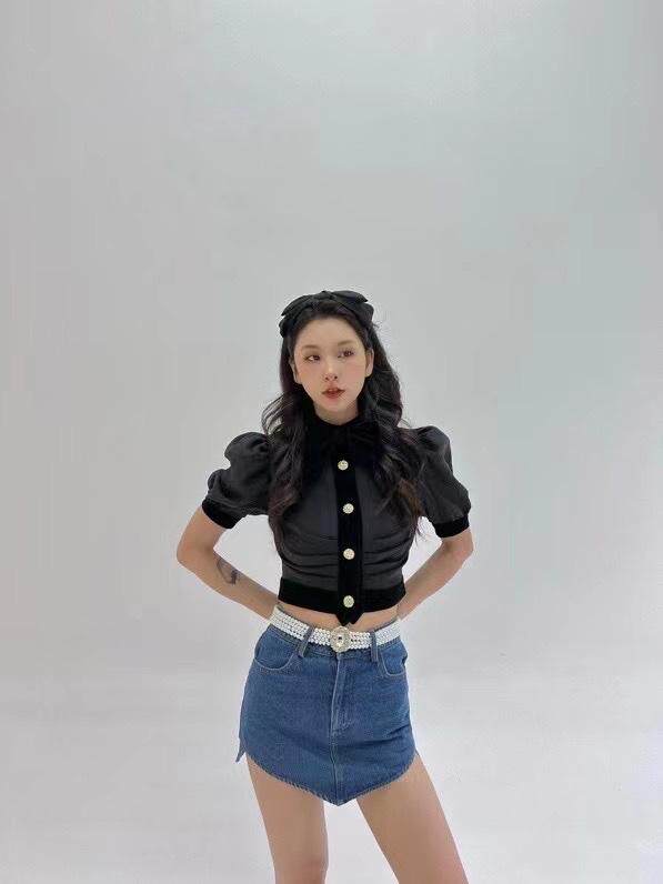 蝴蝶结透视衬衫，女装衬衫，HE