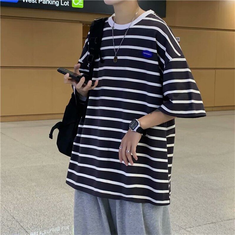 2025夏季条纹短袖男t恤ins宽松男女半袖TT846,男装T恤,星座1108
