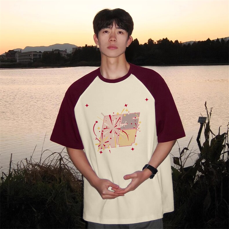 抖音得物高品质二开240克宽松纯棉美式潮牌插肩袖拼接短袖T恤,男装T恤,电商A486