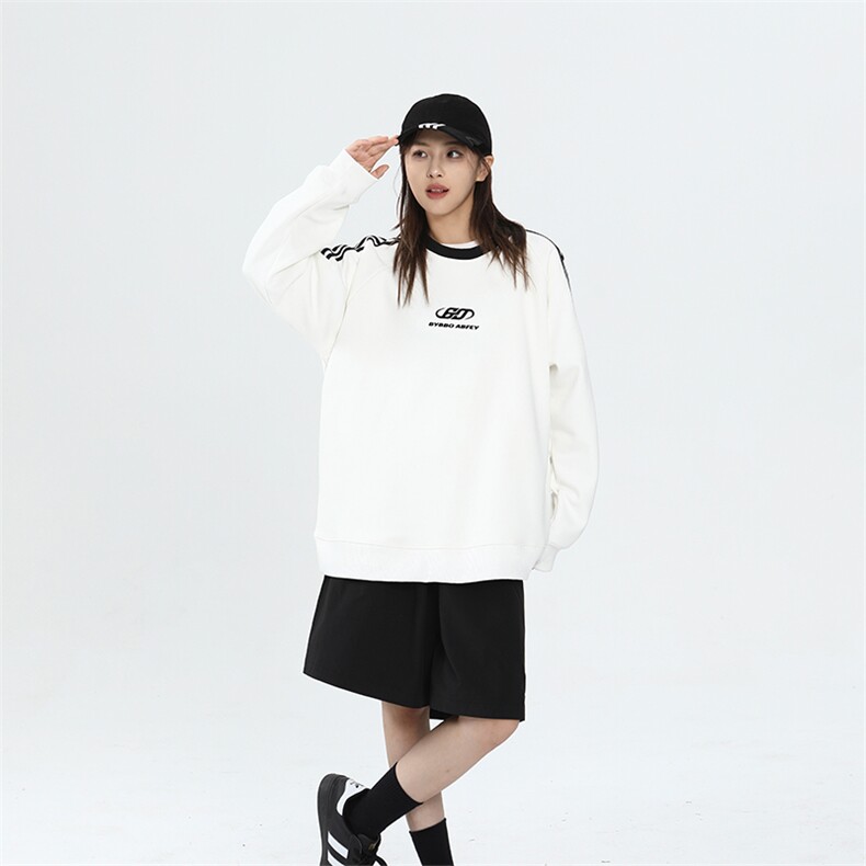 抖音得物品质支持退换480克宽松全棉加绒三条杠印花卫衣A0501，男装卫衣，电商A443