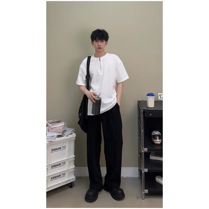 垫肩短袖T恤半拉链设计感半袖打底衫小众男 T59 网络图图片