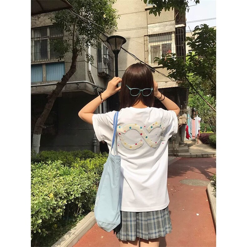 双纱纯棉植绒字母刺绣短袖T恤男夏季潮牌小领口宽松情侣半袖体恤图片