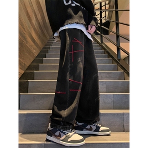 1014-1-KZ1619-P43-2025春秋新款美式复古刺绣直筒牛仔裤男图片