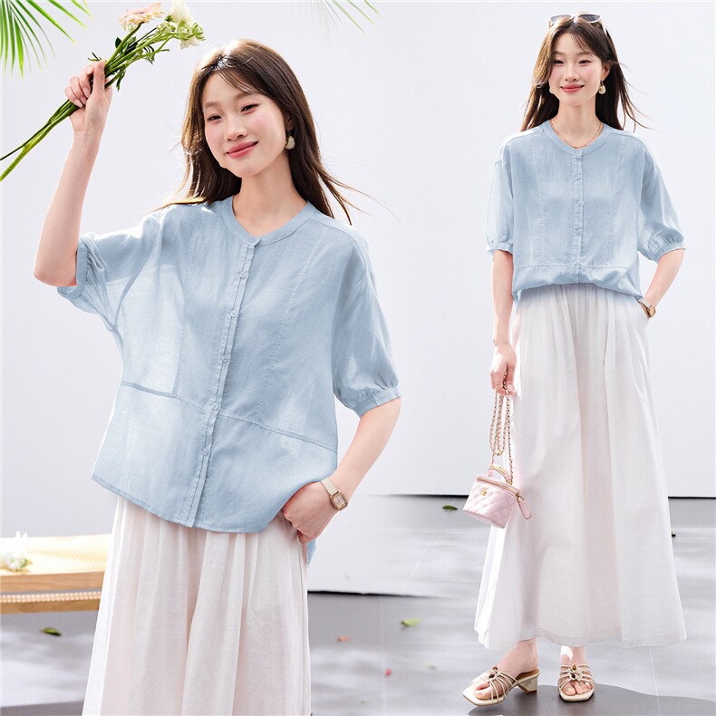 现货2026夏装新款休闲透气舒适女士短袖衬衣,女装衬衫,木子恋