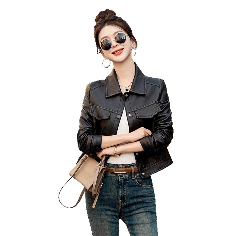 2026春装新款休闲小个子修身机车服PU皮夹克,女装皮衣,自然秀
