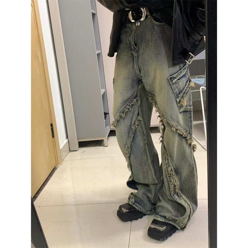 美式高街小众t解构微喇牛仔裤男春秋毛边拼接设计感裤子潮 N9987图片