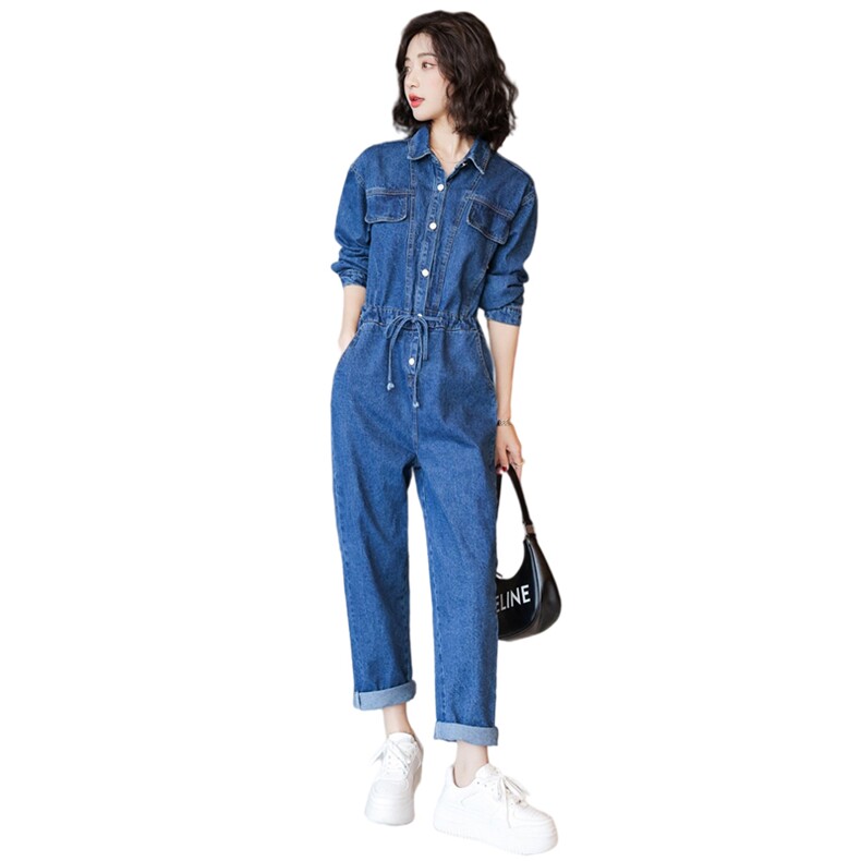 配披肩牛仔连体女2022年春季新款韩版时尚工装宽松收腰休闲连衣裤,女装连体裤,辉之琳