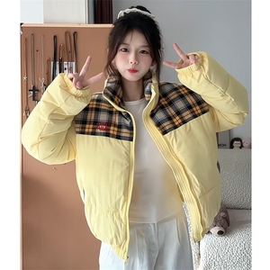 冬季新款韩版拼接格子立领棉服外套女保暖宽松百搭面包服棉衣女潮图片