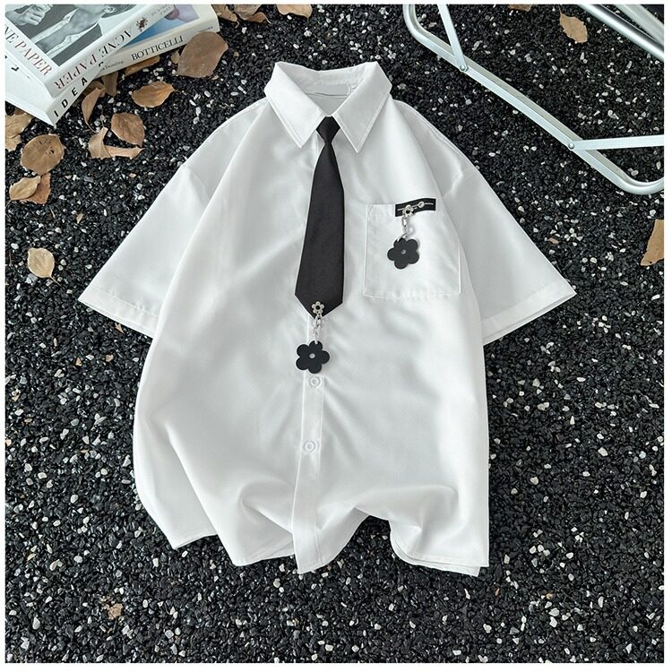 领带黑色衬衫短袖男女2025新款学院风衬衣工作服美式vibe夏天班服,男装T恤,星座601-1