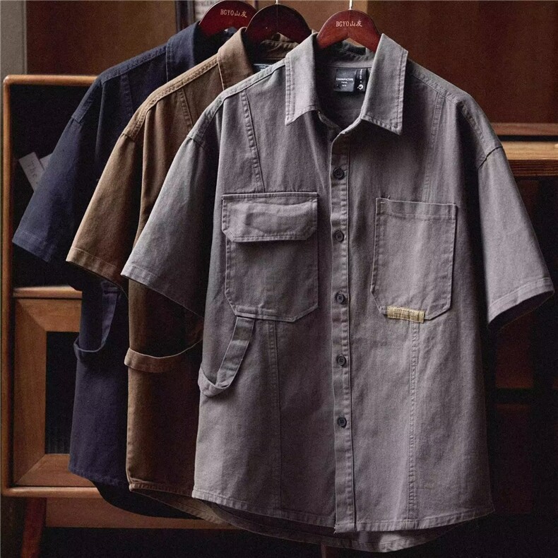 美式复古水洗做旧工装衬衫男夏季潮牌宽松休闲百搭短袖衬衣外套潮，男装T恤，星座1210-1