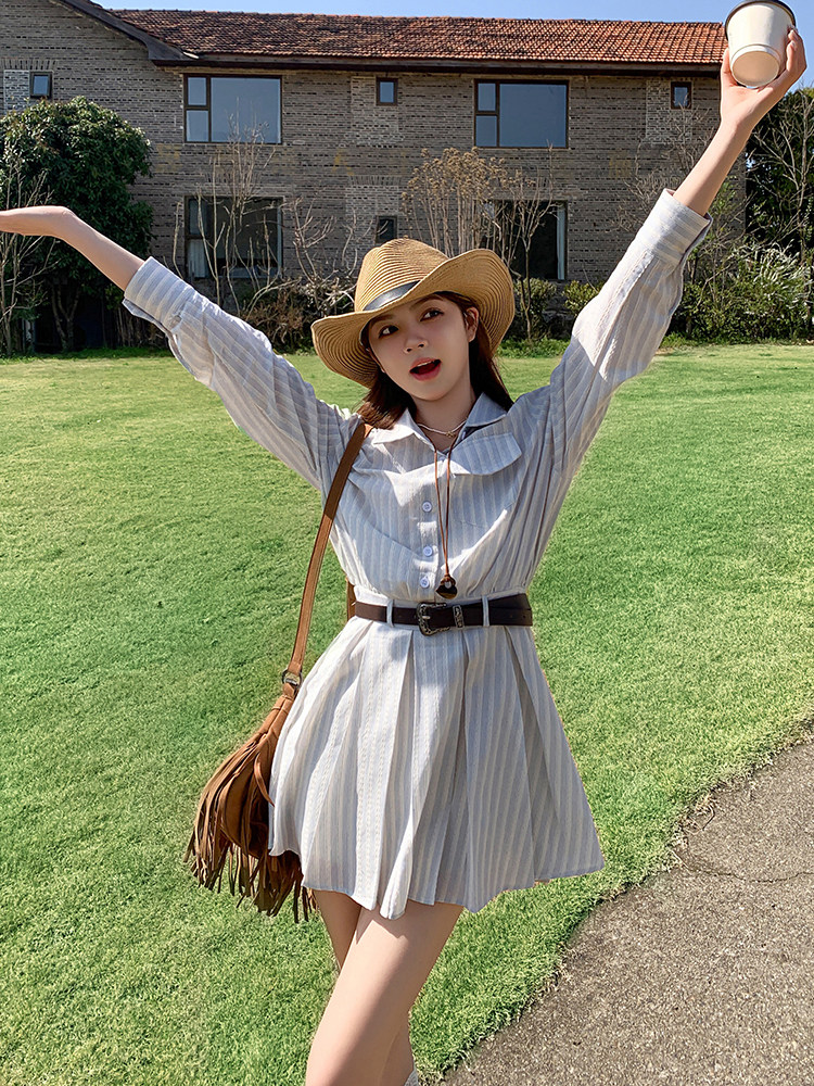 浅蓝色休闲条纹衬衫连衣裙女2025年夏季新款韩系设计感显瘦百褶裙,女装连衣裙,浙宝305