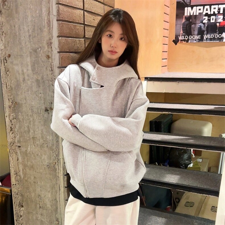抖音得物品质26春装美式重磅结构斜拉链高领连帽卫衣开衫外套W61,女装短外套,电商A486
