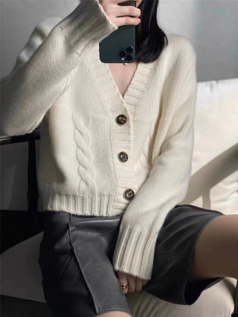 慵懒风V领女士开衫春秋新款洋气显瘦毛衣外套软糯针织上衣，女装羊毛衫，恩泰羊绒