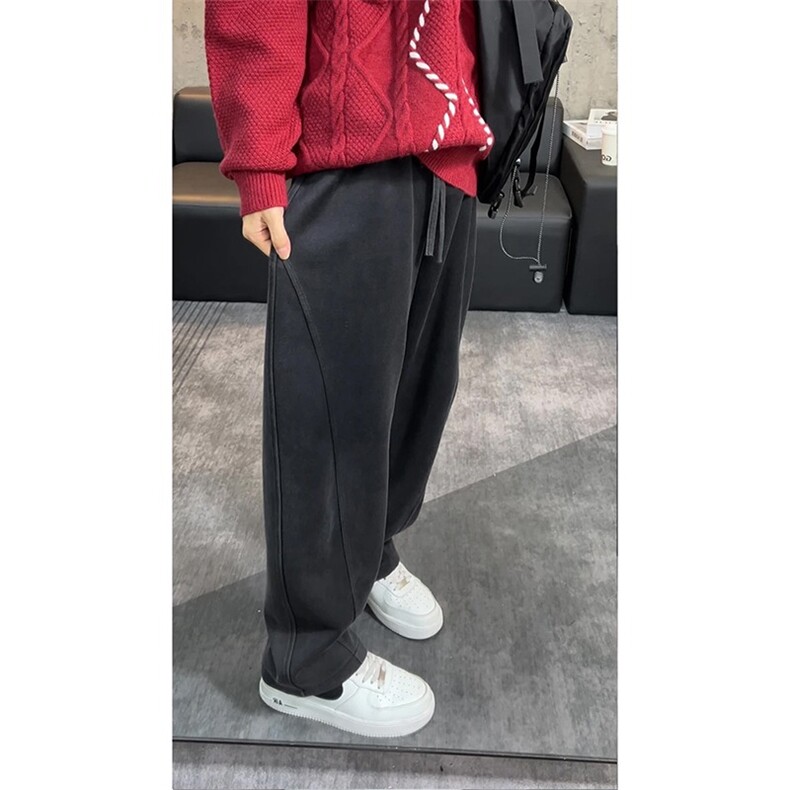 重磅卫裤男直筒男裤阔腿弯刀裤宽松水洗运动裤冬LK106-p50加绒58图片