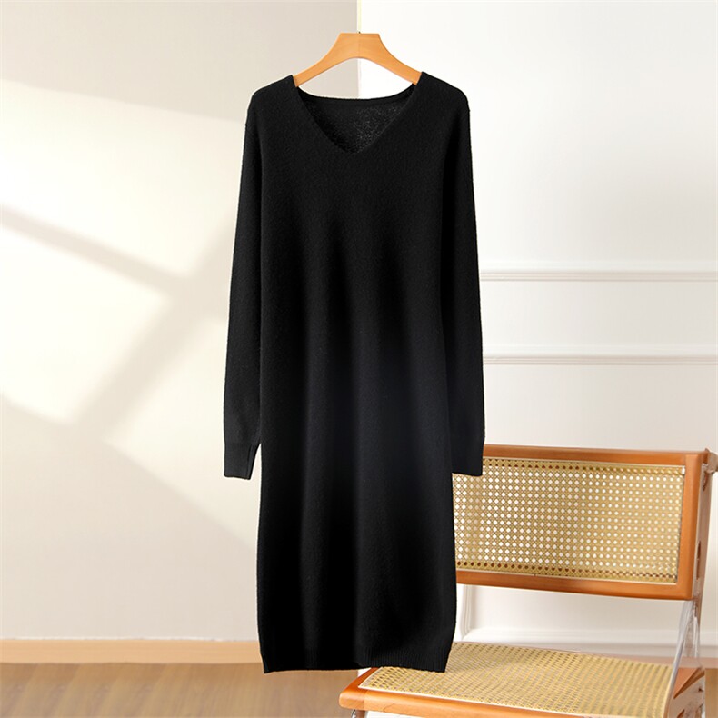 秋冬新款V领A类超柔羊毛衫女中长款连衣裙气质显瘦针织，女装连衣裙，松航羊绒