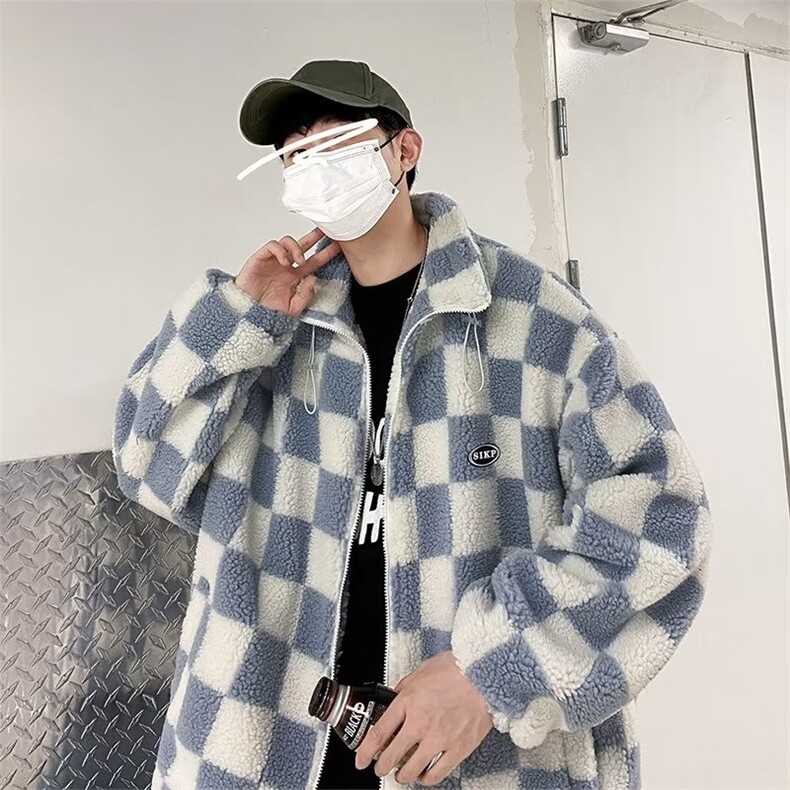 2023冬季新款棋盘格羊羔绒棉服韩版宽松开衫棉衣外套W6154-P80,男装棉衣,星座512-2