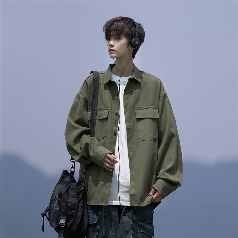 山系军绿色衬衫男士长袖春秋季潮牌潮流日系复古大码休闲工装外套，男装夹克，电商A061