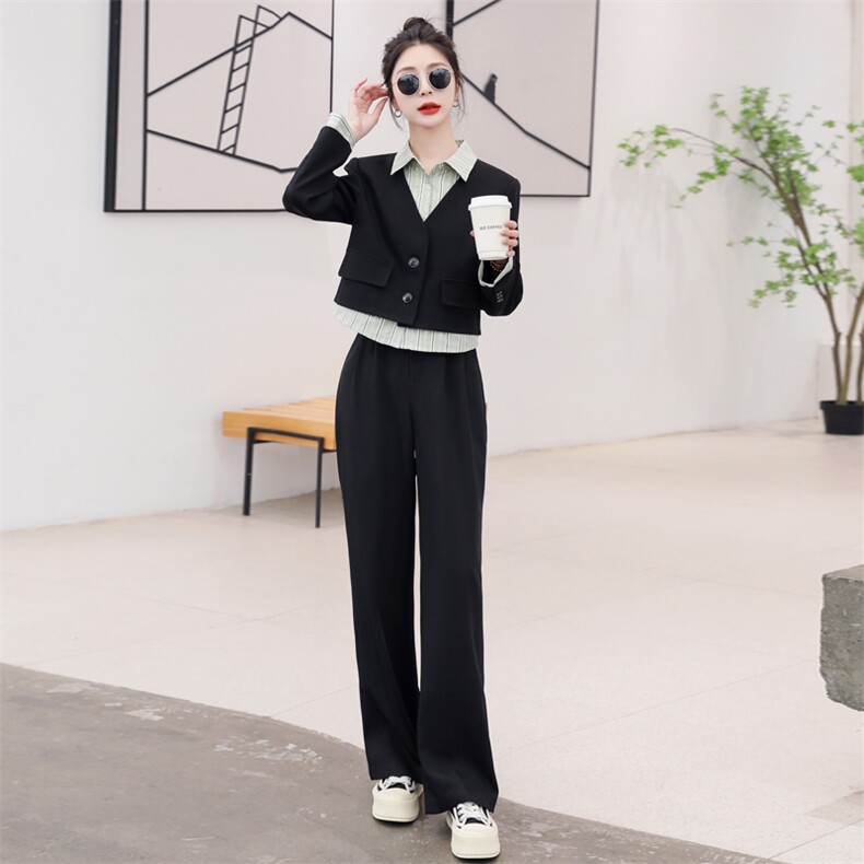 西装套装两件套女2023春季新款时尚韩版小洋气条纹拼接假两件西装,女装套装/套裙,辉之琳
