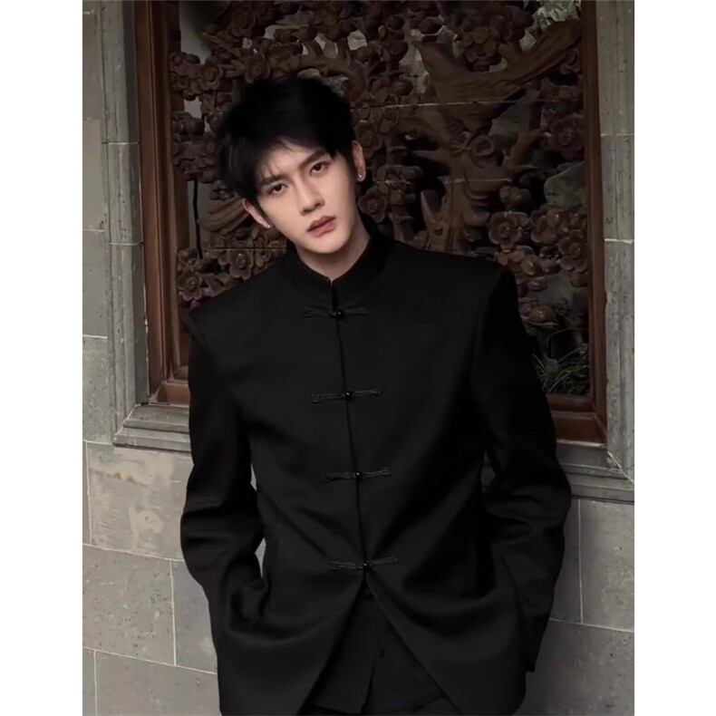 网图有货新中式风黑色立领盘扣西装外套男W29-P60，男装西服套装，星座1505