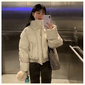 现货5W件冬季三防重磅硬挺boxy短款羽绒立领PU皮棉衣外套加厚棉服图片