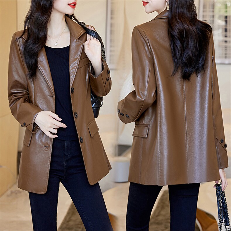 PU皮修身西服外套新款皮衣女植鞣油蜡皮做旧复古皮夹克，女装皮衣，潮流依族