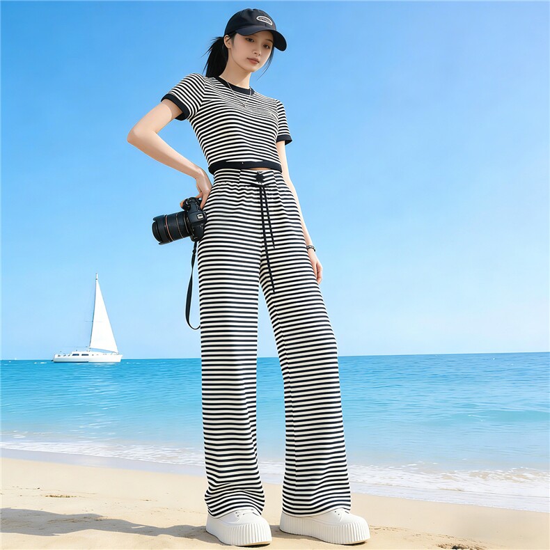 黑白条纹阔腿裤套装女夏季新款潮流时尚显瘦短款上衣长裤两件套潮,女装套装/套裙,江南