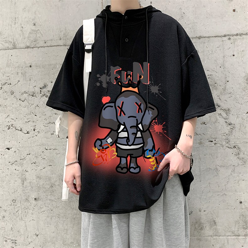 LD54221-P45连帽短袖t恤男大码胖子带帽五分袖中袖大皂风,男装T恤,电商A040