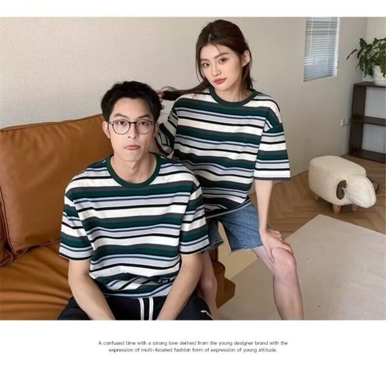 日系潮牌男女款条纹衫情侣复古色织猴子条纹圆领宽松长袖打底衫夏,男装T恤,星座506A
