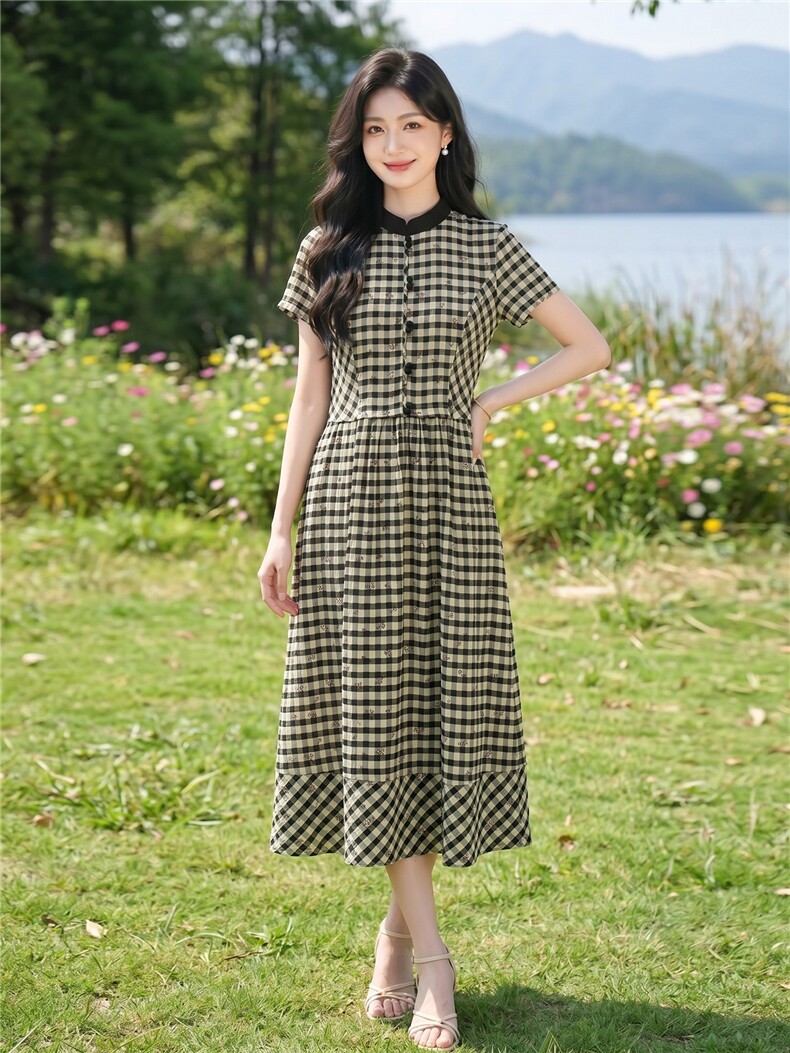 弹力面料学院风格纹连衣裙女春夏收腰显瘦中长裙格子裙子,女装连衣裙,水衣源