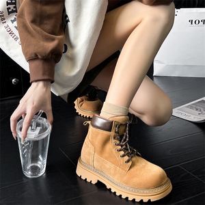真皮马丁靴女2024秋冬新款厚底增高大黄靴显瘦百搭靴子女休闲短靴图片