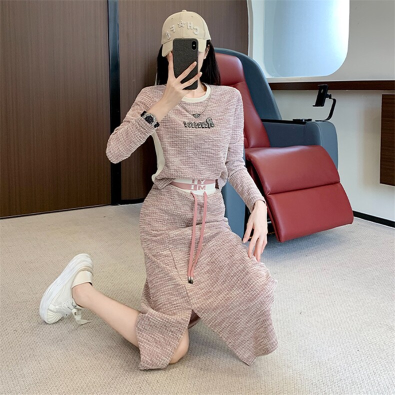 女秋季新款港风洋气显瘦卫衣开叉半身裙两件套,女装套装/套裙,江南