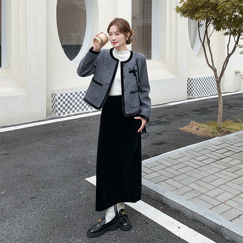 灰色撞色小香风外套半身裙两件套女秋冬2025新款设计高级感套装,女装套装/套裙,欧黛芙妮