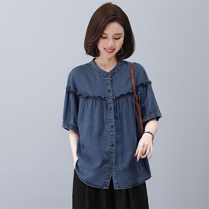 时尚宽松牛仔短袖衬衫夏季百搭休闲女装上衣，女装牛仔外套，悦见她