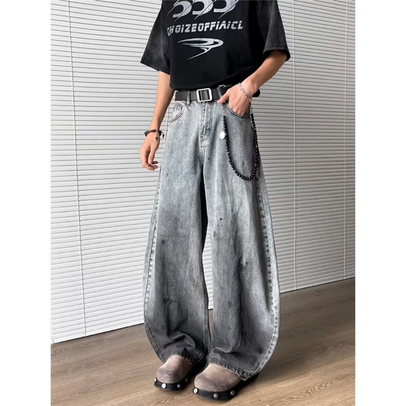 现货美式廓形做脏泼墨牛仔裤男潮复古水洗休闲阔腿裤K9452-特P48图片