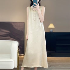 连衣裙女夏季2025新款宽松大码仿桑蚕丝无袖中长款背心吊带裙子，女装连衣裙，佳绒高端店