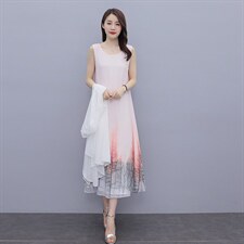 夏季新款优雅印花长款连衣裙防晒外披两件套，女装连衣裙，秀美人生