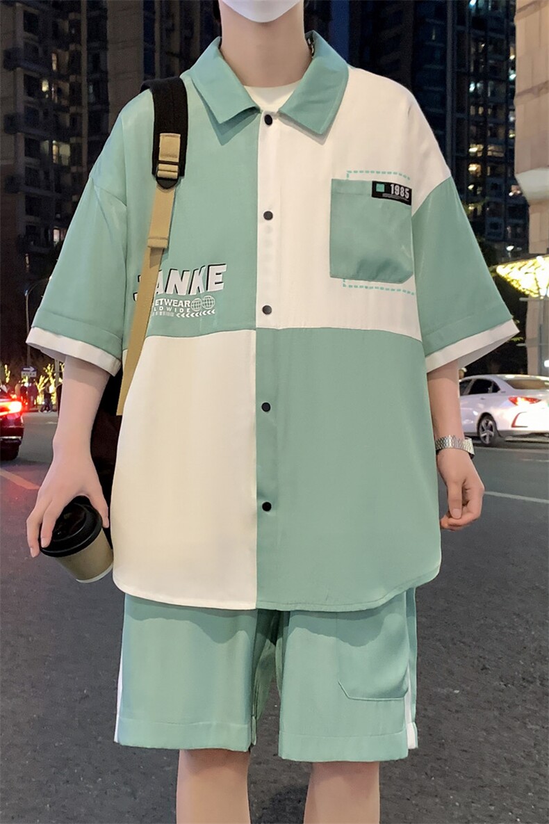 港风夏潮流印花拼接开衫宽松短袖衬衣短裤帅气套装A436-D217-P60,男装休闲套装,电商A436