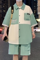 港风夏潮流印花拼接开衫宽松短袖衬衣短裤帅气套装A436-D217-P60，男装休闲套装，电商A436