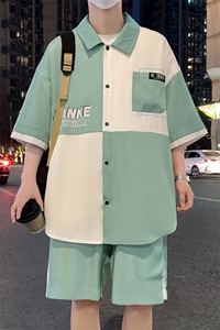 港风夏潮流印花拼接开衫宽松短袖衬衣短裤帅气套装 A436-D217-P60图片
