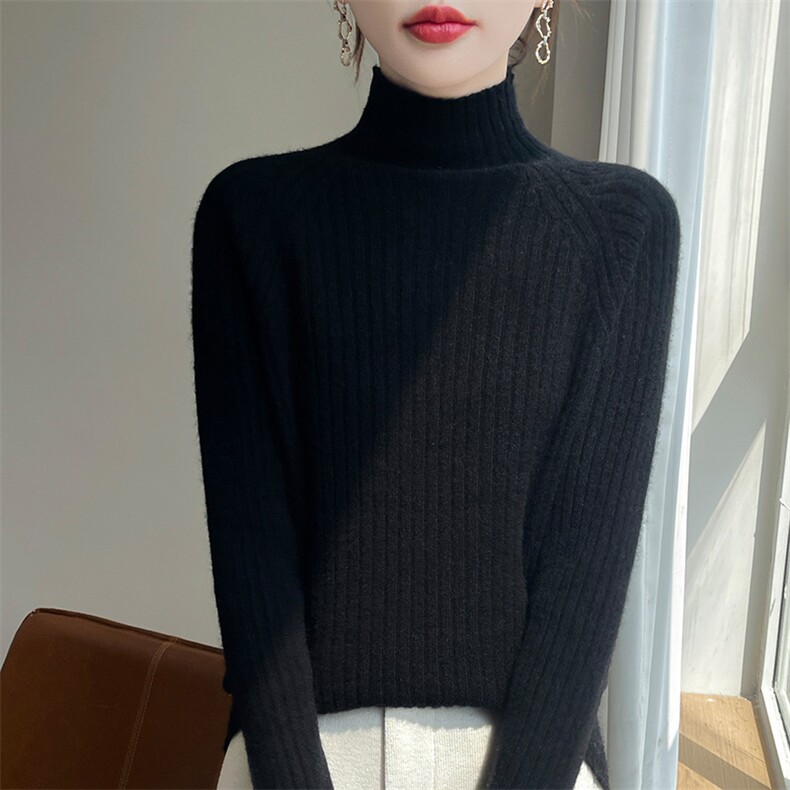 25秋冬一线成衣100%纯羊毛衫女半高领坑条针织毛衣宽松打底羊绒衫图片