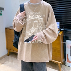 抖音供货、秋季现货水洗棉宽松版重磅长袖T恤D223A-ST239-特P38，男装T恤，电商019-1