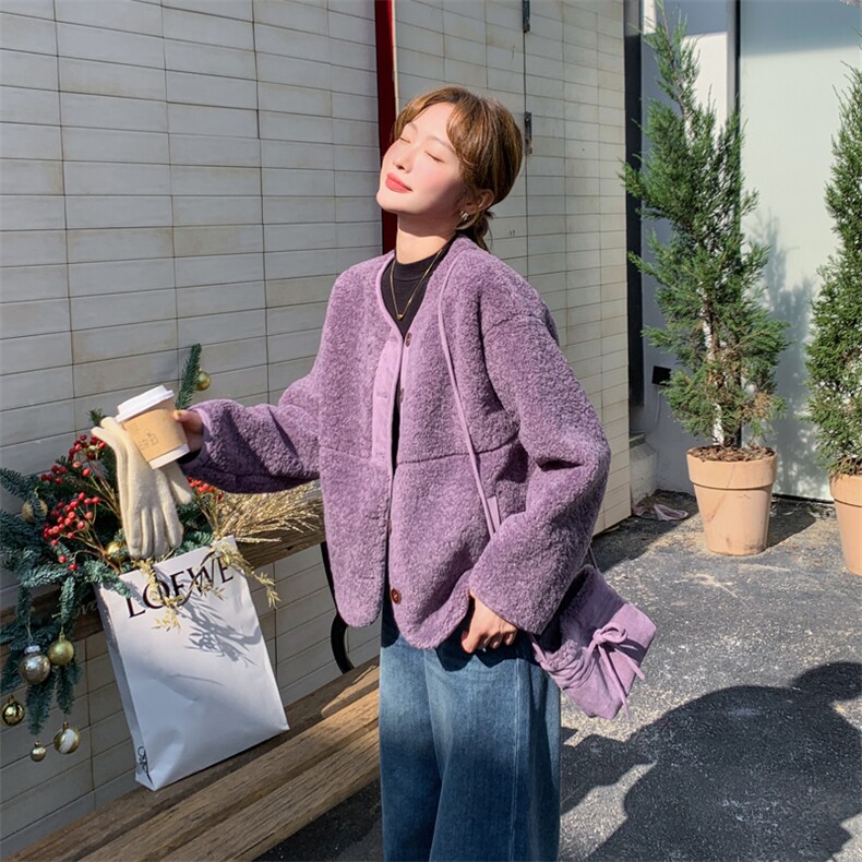 奶乎乎紫色皮毛一体羊羔毛外套女秋冬2025新款设计感短款小众流行,女装皮草,2C092