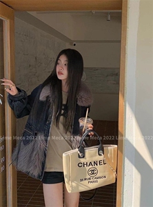 【现货】2022年冬季环保毛拼接牛仔羽绒服图片